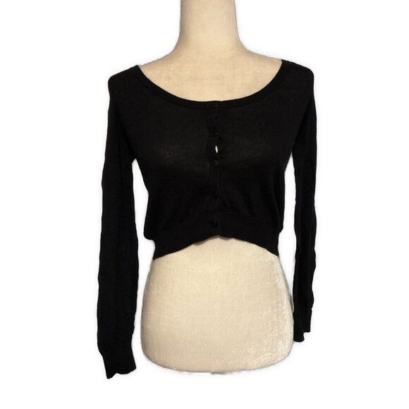 Abound Nordstrom Solid Black Long Sleeve Crop Round Neck Cardigan Sweater Xxs - Picture 1 of 4